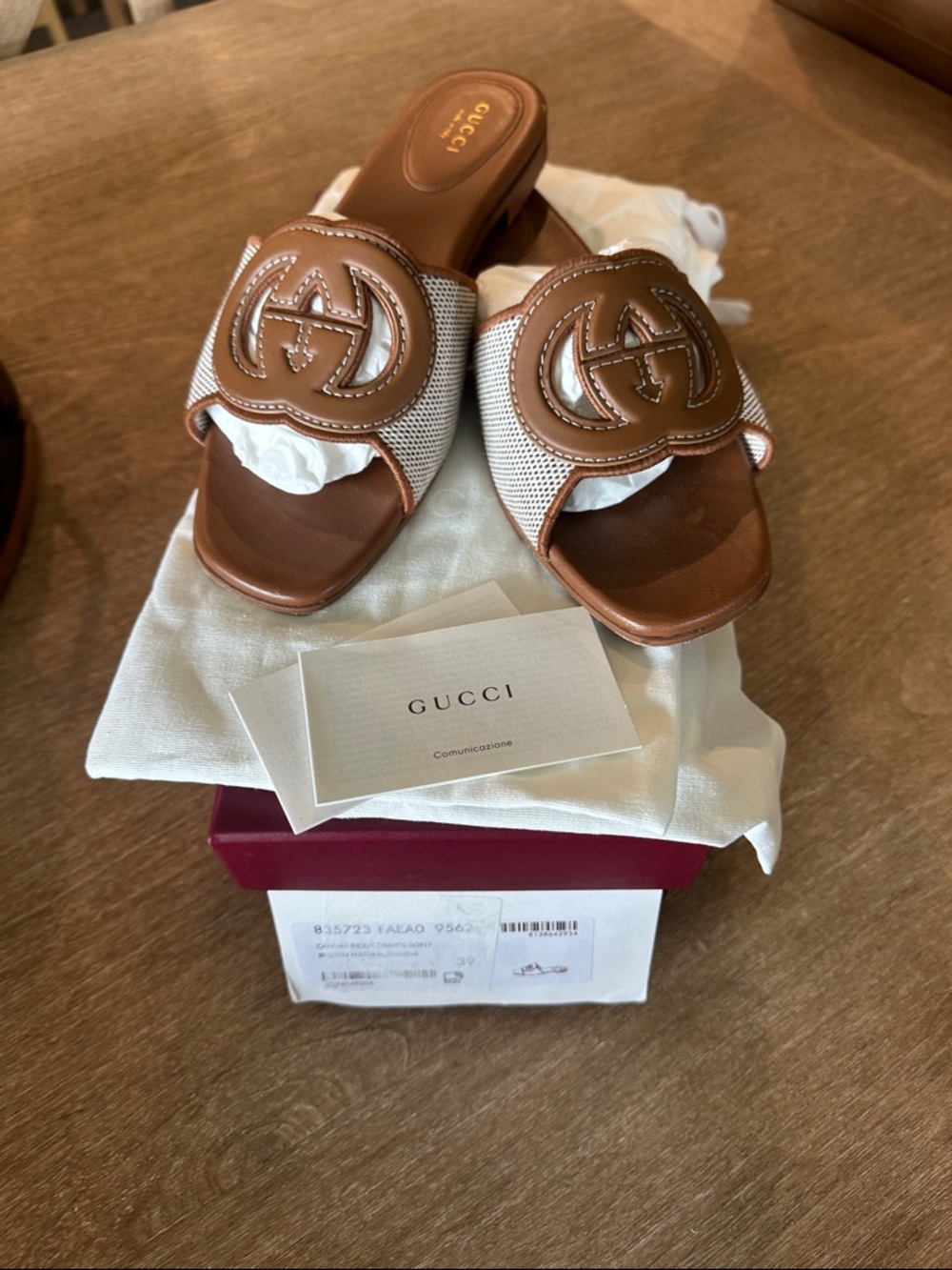 Gucci Brown and Beige GG Leather Slide Sandals